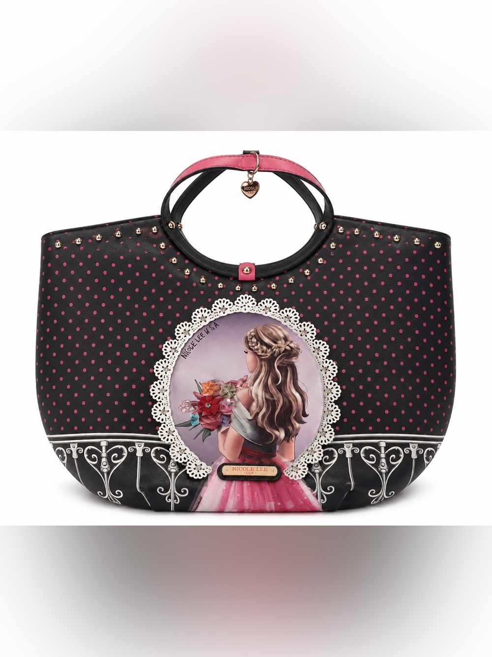 Rare Nicole Lee Black and Pink Tote with Artistic Design